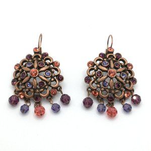 Signed Joan Rivers Lever Back Chandelier Earrings Purple Pink Copper Tone Dangle